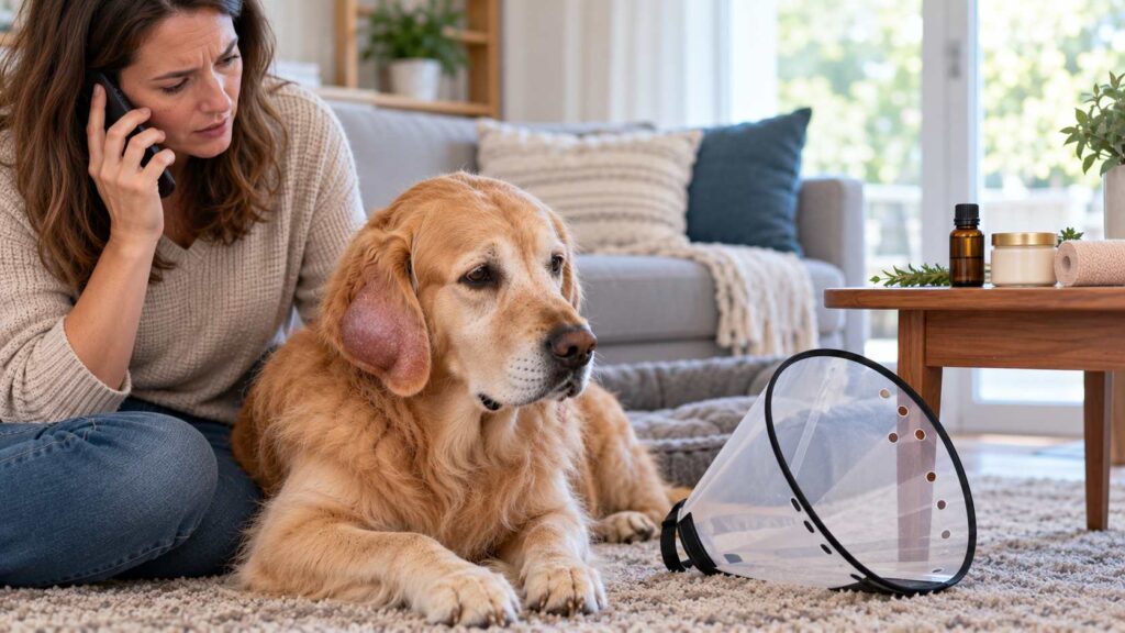 Golden Retriever resting beside its owner with a protective collar and unused home treatment products nearby.