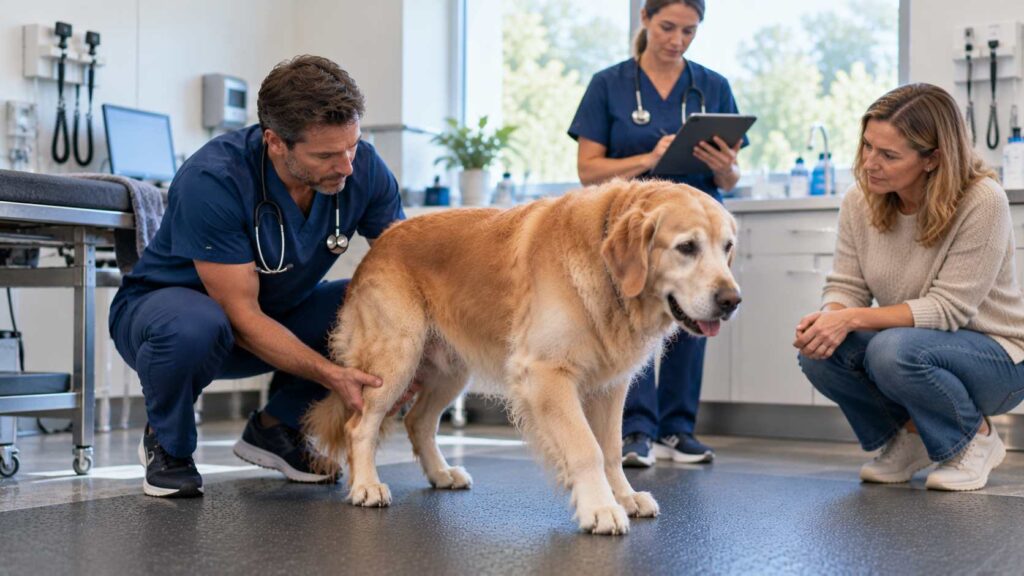 Veterinarian examining a senior Golden Retriever for possible Librela for dogs side effects, including changes in mobility and coordination.