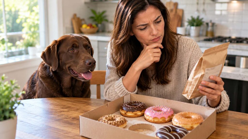 Dog owner checking a donut ingredient label while a Labrador sits beside an open bakery box.