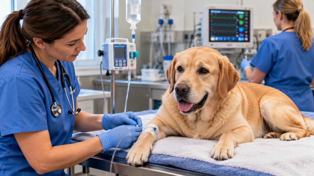Labrador resting in a veterinary hospital while a veterinarian monitors an intravenous fluid line.