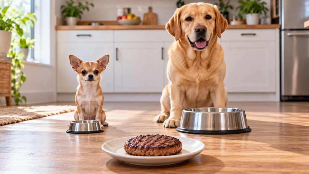 Small Chihuahua and large Labrador sitting beside different-sized food bowls with a burger patty nearby.