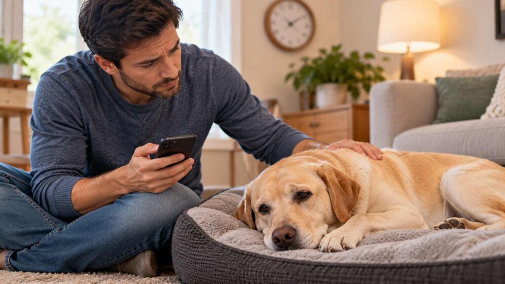 Concerned dog owner observing a tired Labrador Retriever resting on a dog bed at home.