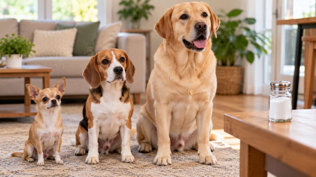 Chihuahua, Beagle and Labrador sitting together to illustrate differences in dog body sizes.
