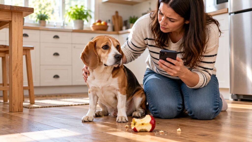 Concerned dog owner checking a Beagle after discovering a partially eaten apple on the kitchen floor.