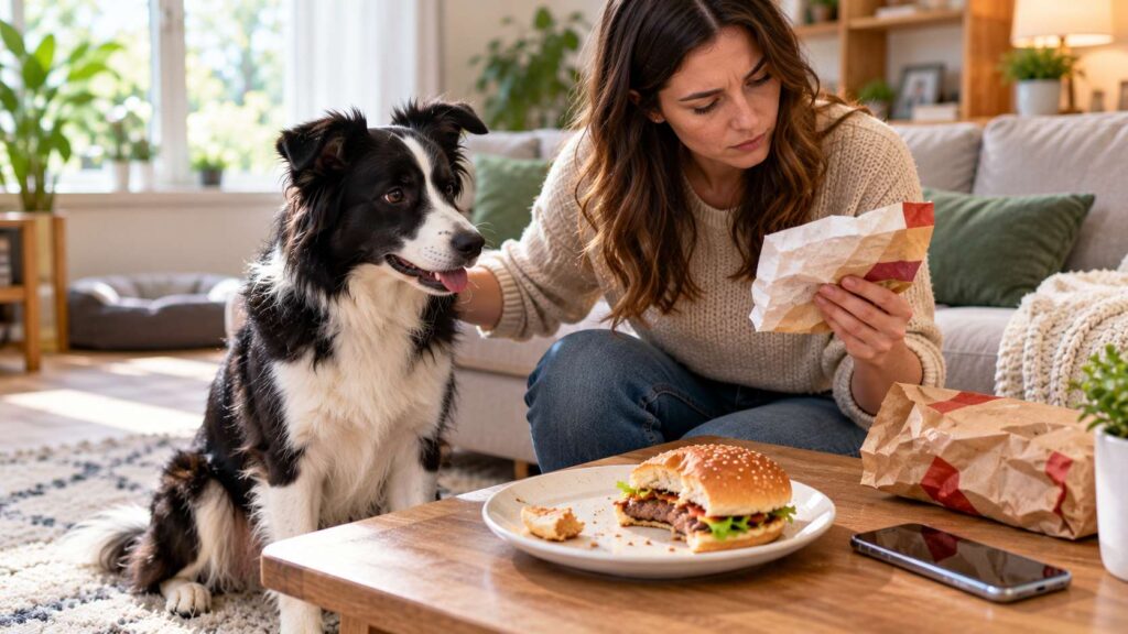 Dog owner checking hamburger ingredients beside a Border Collie that has eaten part of a burger.