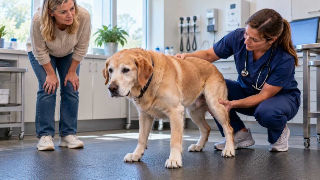 Veterinarian assessing an older Labrador's balance and standing posture while its owner watches.